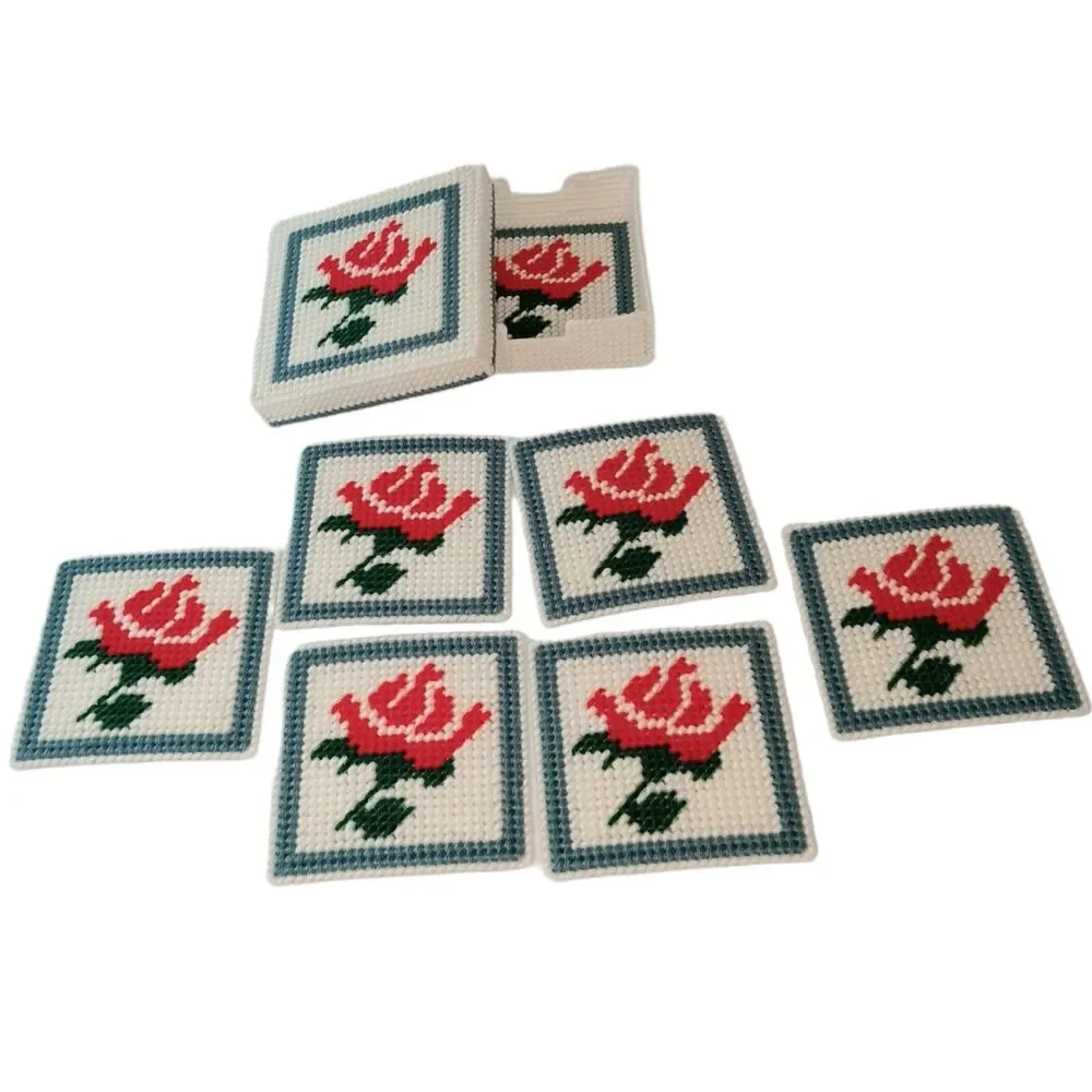 VTG Needlepoint Red Rose Coasters Plastic Canvas Set Of 6 With Box Cottagecore